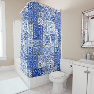 Rideaux De Douche Carreaux de majolique azulejo bleus et blancs médi