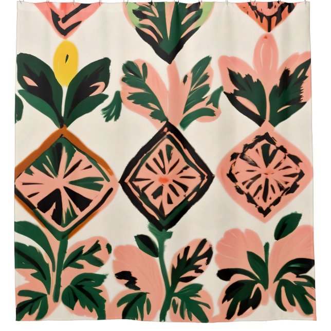 Rideaux De Douche Carreaux et botaniques (Devant)