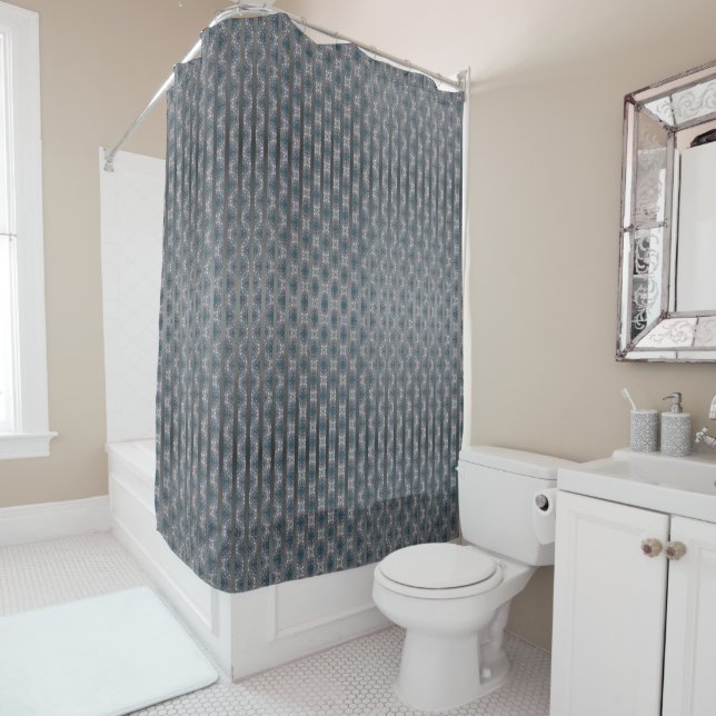 Rideaux De Douche Carreaux et rayures grises dans les tons Turquoise (En situation)