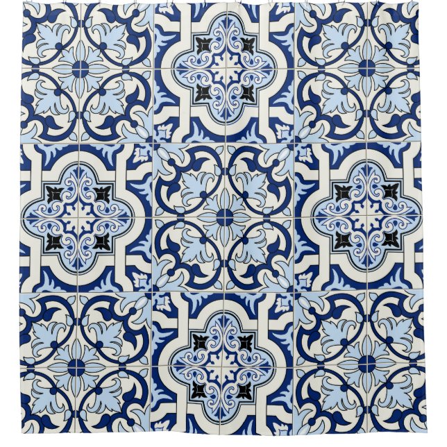 Rideaux De Douche Carreaux marocains : Bleus Motifs magnifiques. (Devant)