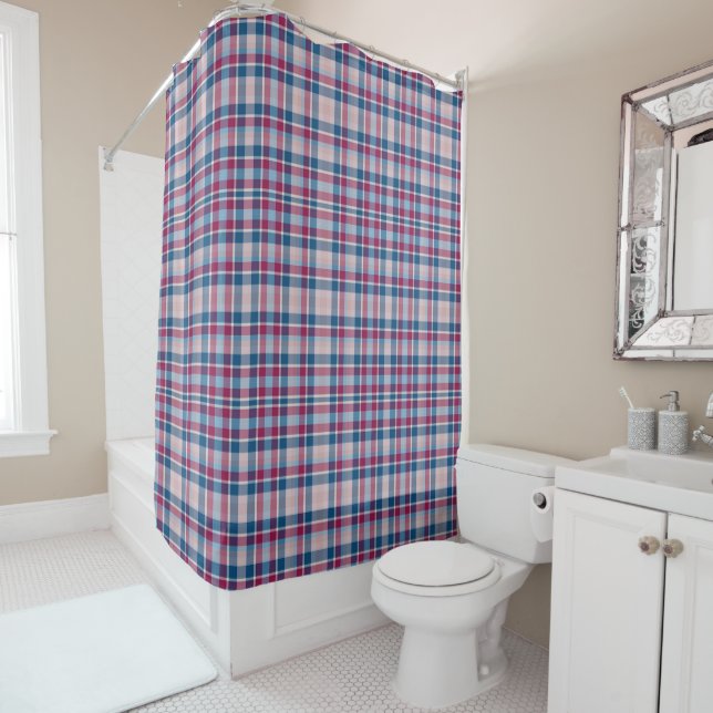 Rideaux De Douche Carreaux Rouge et Bleu Classiques (En situation)