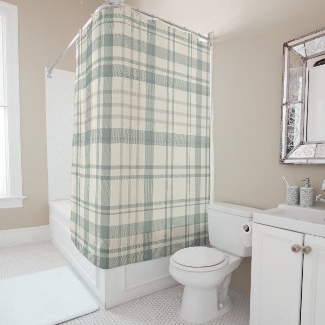 Rideaux De Douche Carreaux Vert Beige Neutre (En situation)