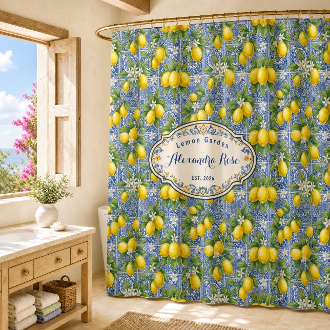 Rideaux De Douche Carrelage bleu avec monogramme et nom de style fra (Créateur téléchargé)