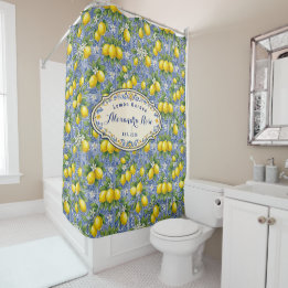 Rideaux De Douche Carrelage bleu avec monogramme et nom de style fra