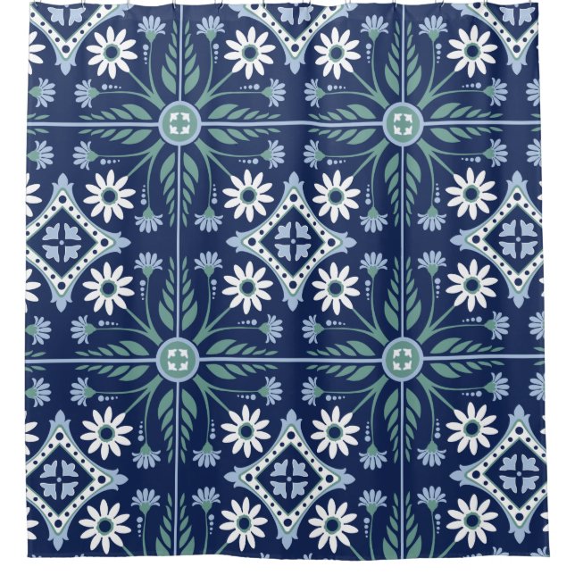 Rideaux De Douche carrelage marocain arabesque bleu vif blanc (Devant)