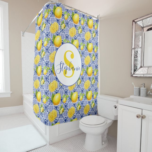 Rideaux De Douche Carrelage Motif Citron Blanc Bleu Nom Monogramme (En situation)