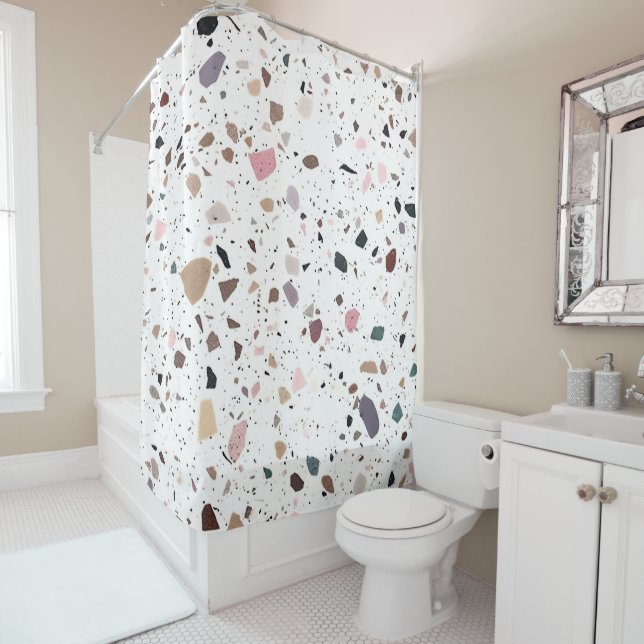 Rideaux De Douche Carrelage Terrazzo moderne Design blanc beige marr (En situation)