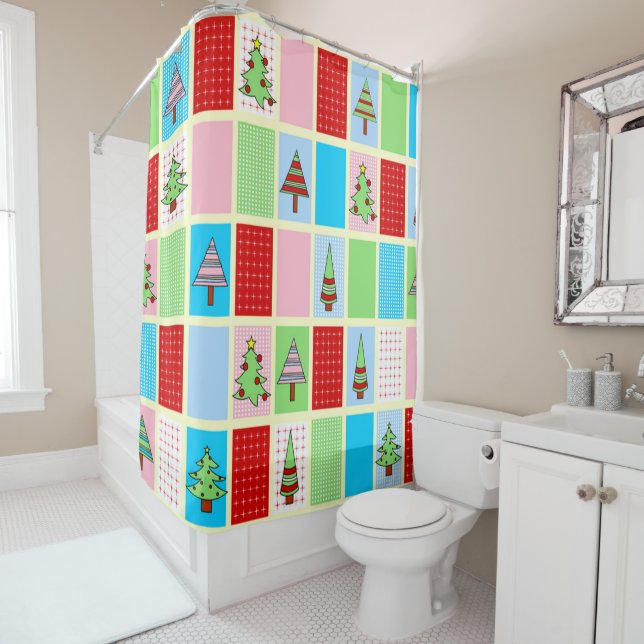 Rideaux De Douche Carrés de Noël colorés (En situation)