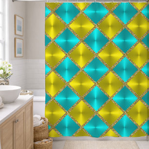 Rideaux De Douche Carrés métallisés aqua et jaune avec doré