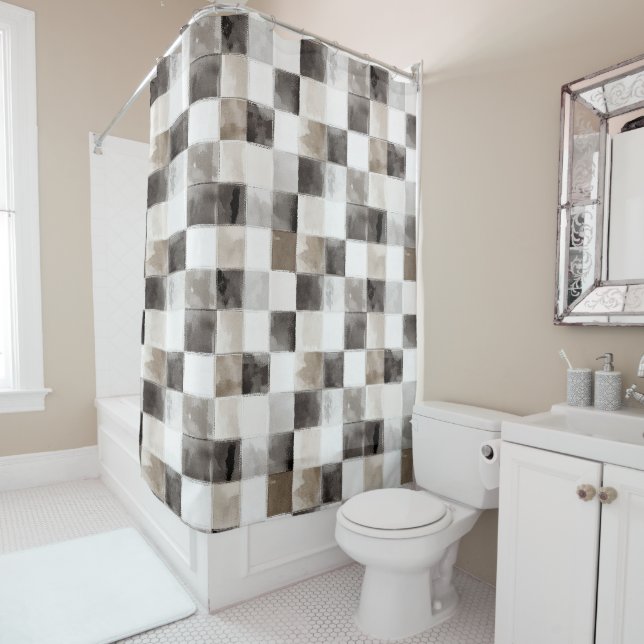 Rideaux De Douche Carrés Noir Blanc Marron (En situation)