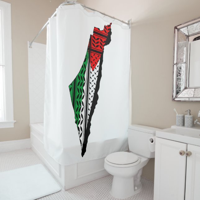Rideaux De Douche Carte de Palestine avec drapeau et Motif Keffiyeg (En situation)