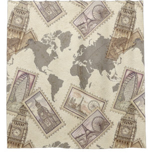 Rideaux De Douche Carte du monde de timbres-poste vintage Voyage (2)