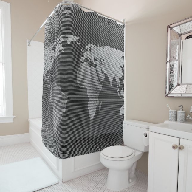 Rideaux De Douche Carte du monde noir et blanc (En situation)