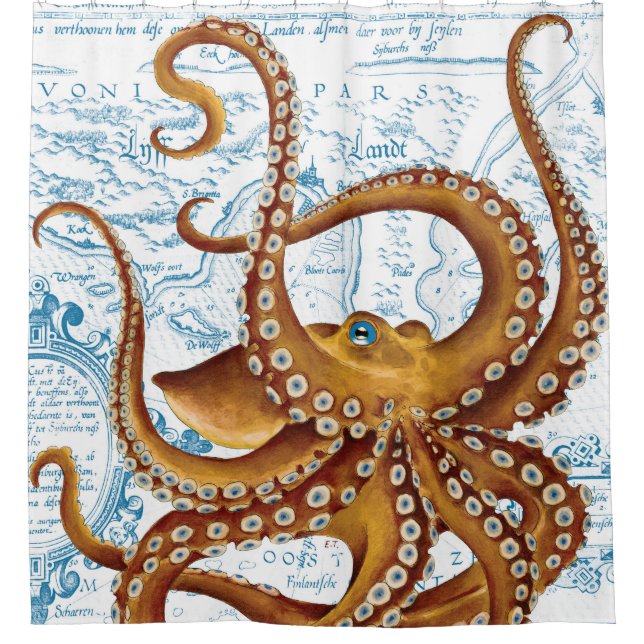 Rideaux De Douche Carte Vintage bleue octopus Brown (Devant)