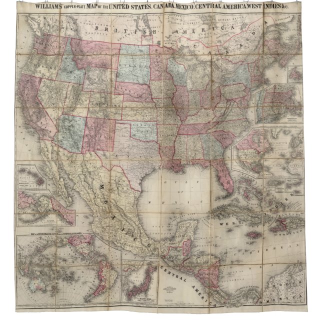 Rideaux De Douche Carte Vintage Des Amériques (Devant)