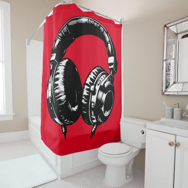 Rideaux De Douche Casque DJ Musique Noire  (En situation)
