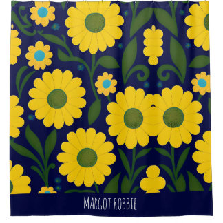 Rideaux De Douche Casseroles jaunes Arrière - plan bleu motif floral