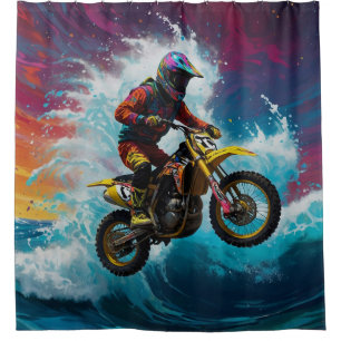Rideaux De Douche Cavalier de motocross faisant la course avec les v