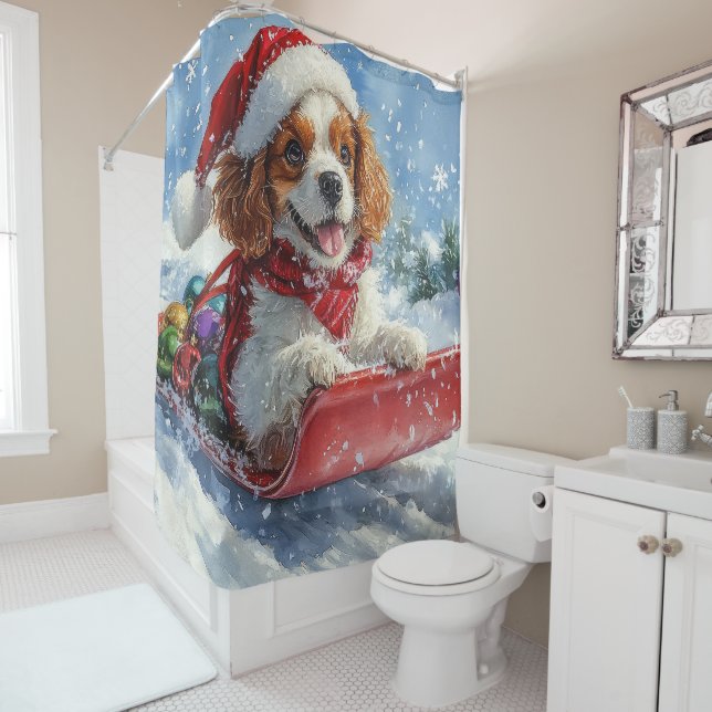 Rideaux De Douche Cavalier King Charles Spaniel Chien Sledge Noël (En situation)