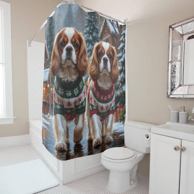 Rideaux De Douche Cavalier King Charles Spaniel Dogs Christmas Snow  (En situation)
