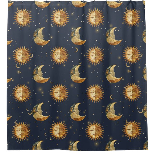 Rideaux De Douche Celestial Sun & Moon Gold Starry Night Pattern (1) (Devant)