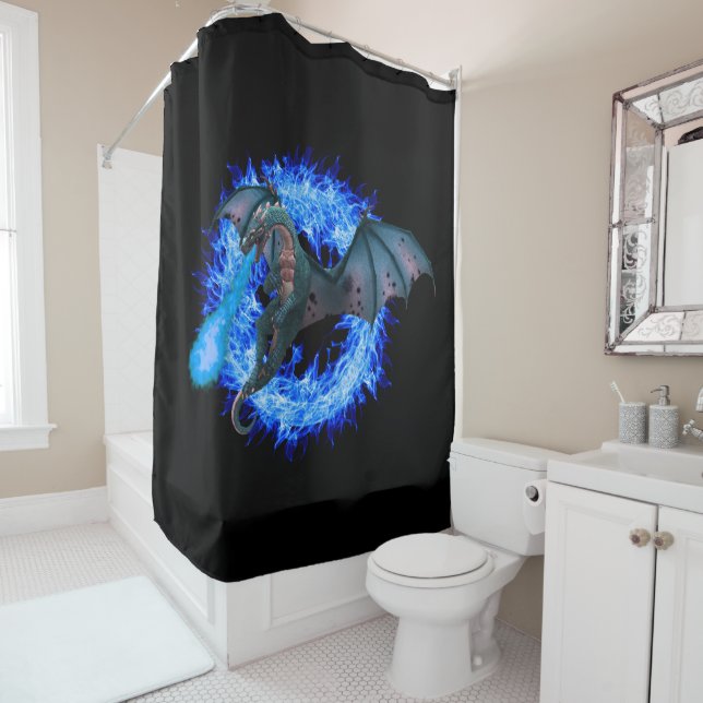Rideaux De Douche Cercle bleu Flamme Dragon Respiration Feu (En situation)