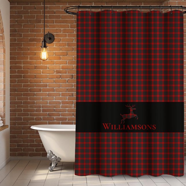 Rideaux De Douche Cerf Monogramme Rustique Plaid | Buffalo Red Black (Créateur téléchargé)