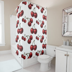 Rideaux De Douche Cerises Rouges Brillantes Glamour Rétro Blanc