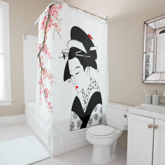 Rideaux De Douche cerisier en fleurs de geisha japonais blanc (En situation)