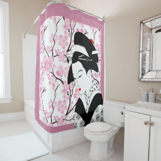 Rideaux De Douche cerisier fleur japonais geisha rose noir