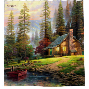 Rideaux De Douche Chalet en bois de belle montagne sur le rivage de
