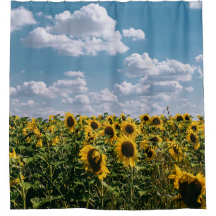 Rideaux De Douche Champ De Tournesol Sous Ciel Bleu Avec Nuages