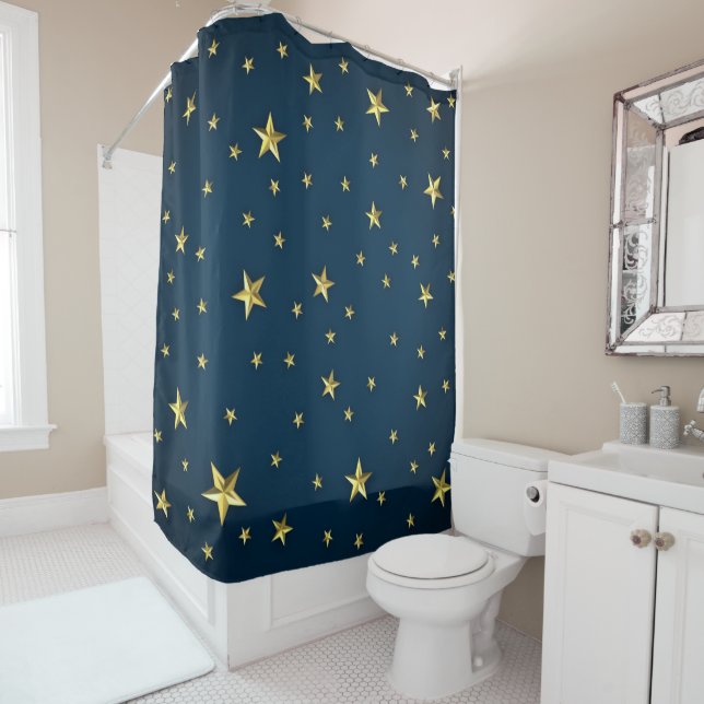 Rideaux De Douche Champ d'étoiles sur Deep Midnight Blue Sky (En situation)