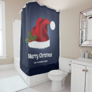 Rideaux De Douche Chapeau de Santa Festif Rouge sur Fond Bleu avec T