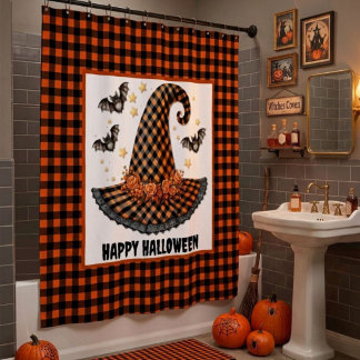 Rideaux De Douche Chapeau de sorcière Halloween à carreaux orange et