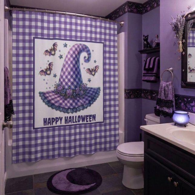 Rideaux De Douche Chapeau de sorcière Halloween en gingham violet et (Créateur téléchargé)