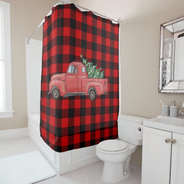 Rideaux De Douche Chariot de Noël Buffalo Plaid (En situation)
