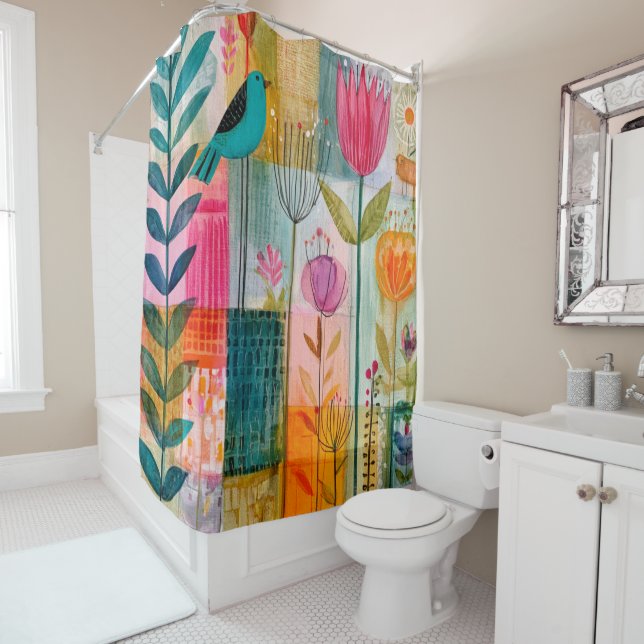 Rideaux De Douche Charmant Patchwork Merle Bleu Prairie (En situation)