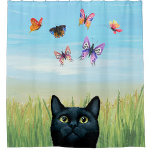 Rideaux De Douche Chat 606 noir Chat aux papillons Nature