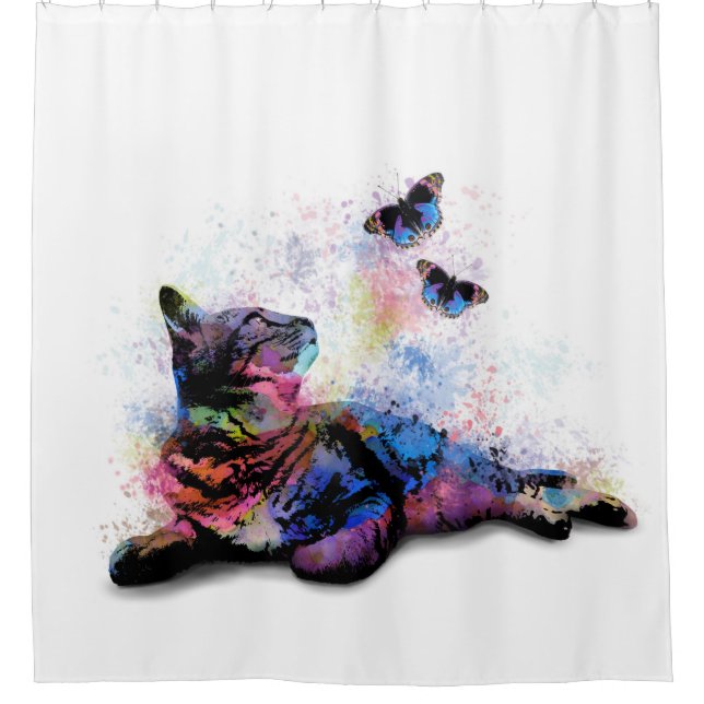Rideaux De Douche Chat 614 papillon bleu rose (Devant)