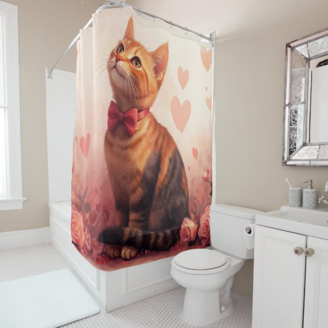 Rideaux De Douche Chat Abyssin avec des Roses - Saint-Valentin (En situation)