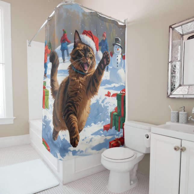 Rideaux De Douche Chat abyssin Scène de neige festive de Noël (En situation)