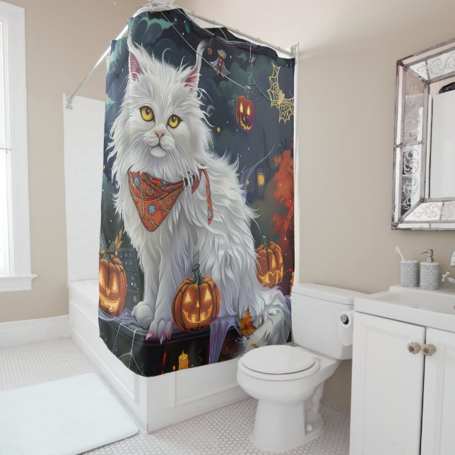 Rideaux De Douche Chat angora turc Halloween sinistre (En situation)
