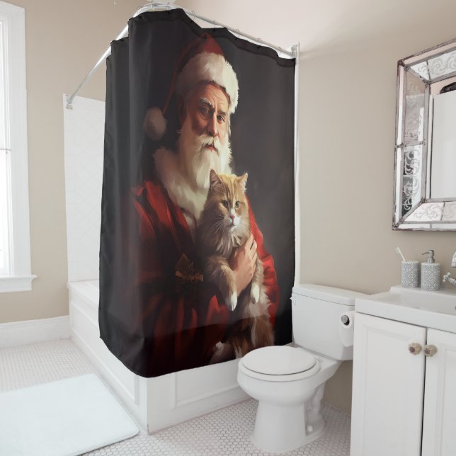 Rideaux De Douche Chat angora turc Père Noël Noël festif  (En situation)