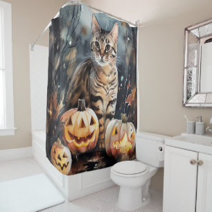 Rideaux De Douche Chat Bengal Halloween avec citrouilles effrayantes