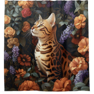 Rideaux De Douche Chat Bengale entouré de belles fleurs