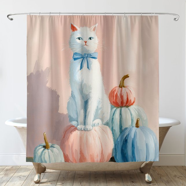 Rideaux De Douche Chat Blanc d'Automne avec des Citrouilles (Créateur téléchargé)