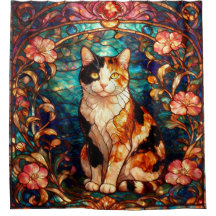 Chat calico de douche de style Art Nouveau vitrail