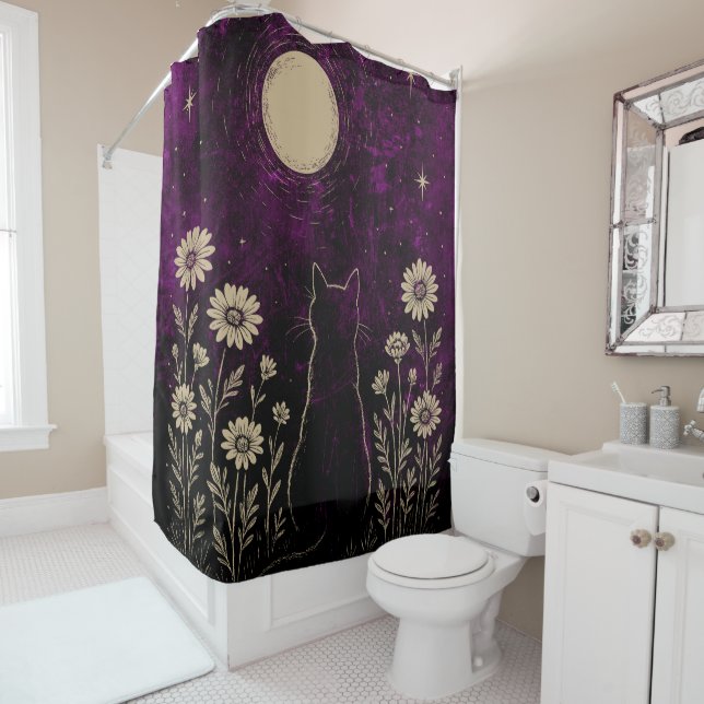 Rideaux De Douche Chat céleste floral pourpre (En situation)