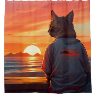 Rideaux De Douche "Chat contemplatif au coucher du soleil : Whimsica